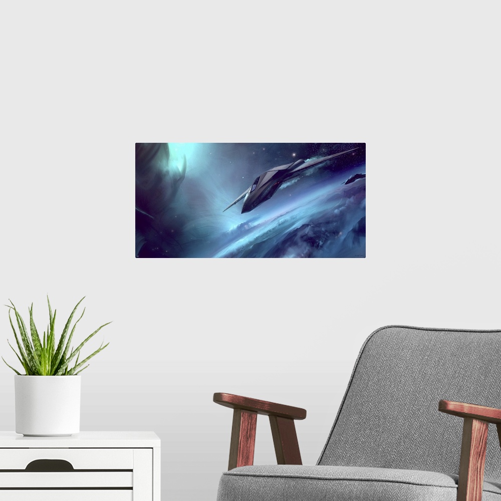 A modern room featuring Painting of suborbital scout planes and alien ship.