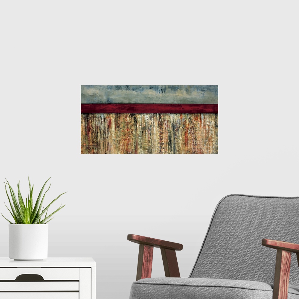 A modern room featuring Abstract painting using earth colors in a textured color field, with a dark red horizontal stripe...