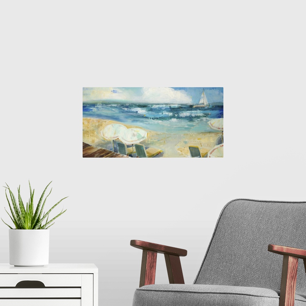 A modern room featuring Contemporary painting of a beach scene with a view of the sea.