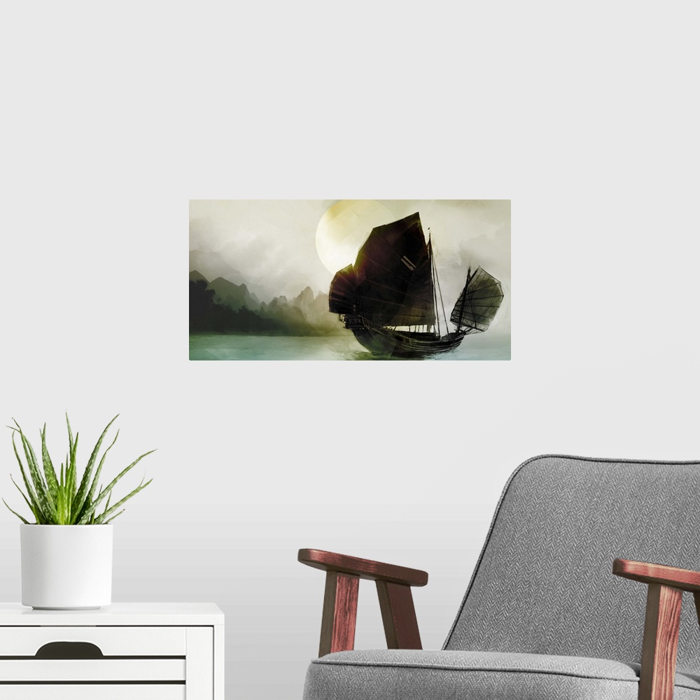 A modern room featuring Junk boat sailing off-shore at sunset