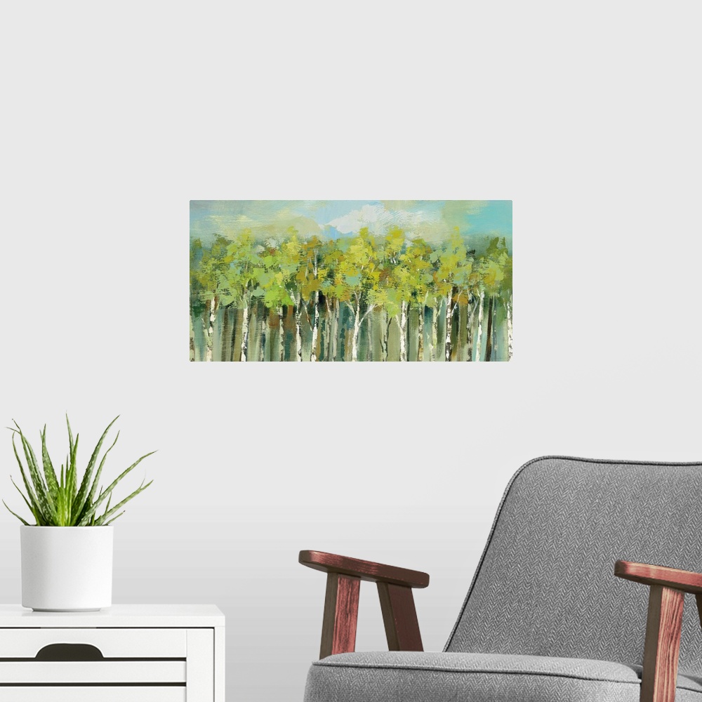 A modern room featuring Large abstract painting of woods full of birch trees with tree tops in various shades of green an...