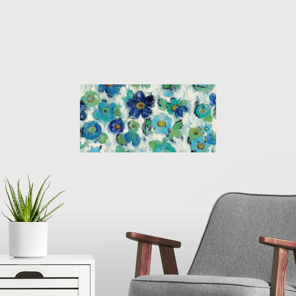 A modern room featuring Weathered artwork of blue and green garden flowers against a neutral distressed background.