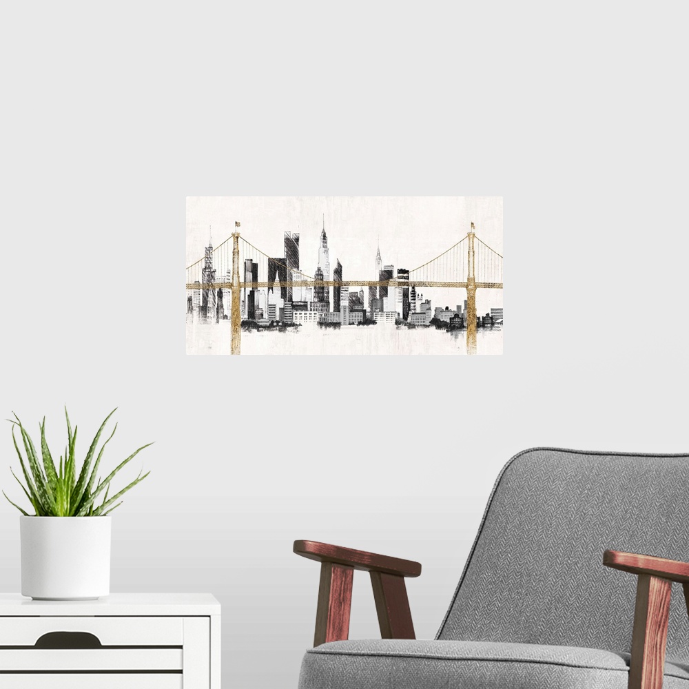 A modern room featuring Contemporary painting in black and gold of the Manhattan Bridge in front of the New York City sky...