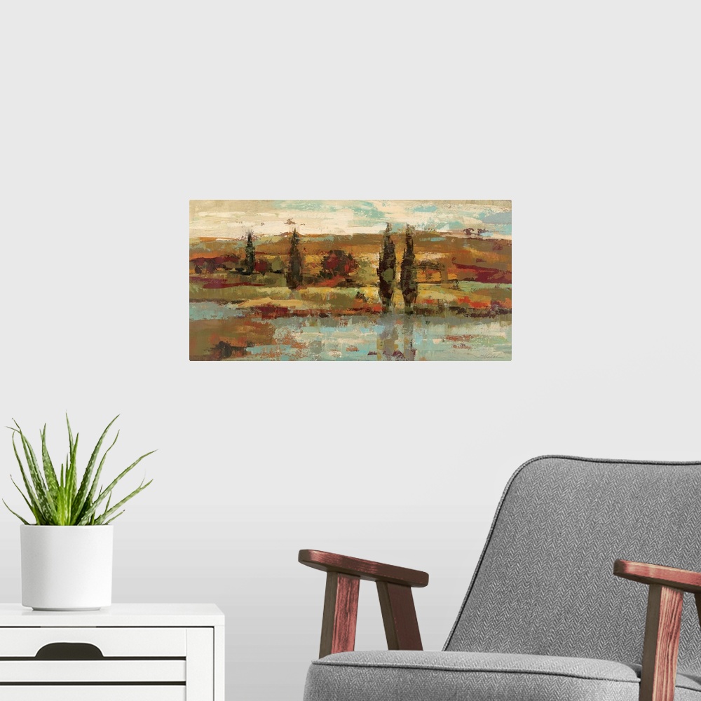 A modern room featuring Contemporary artwork of a stream beside hills covered in trees, done with heavy brushstrokes and ...