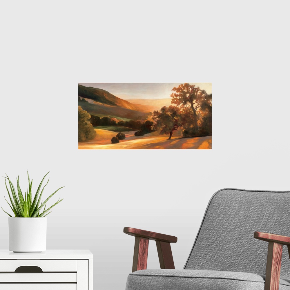 A modern room featuring Contemporary painting of a scenic countryside valley at sunrise.