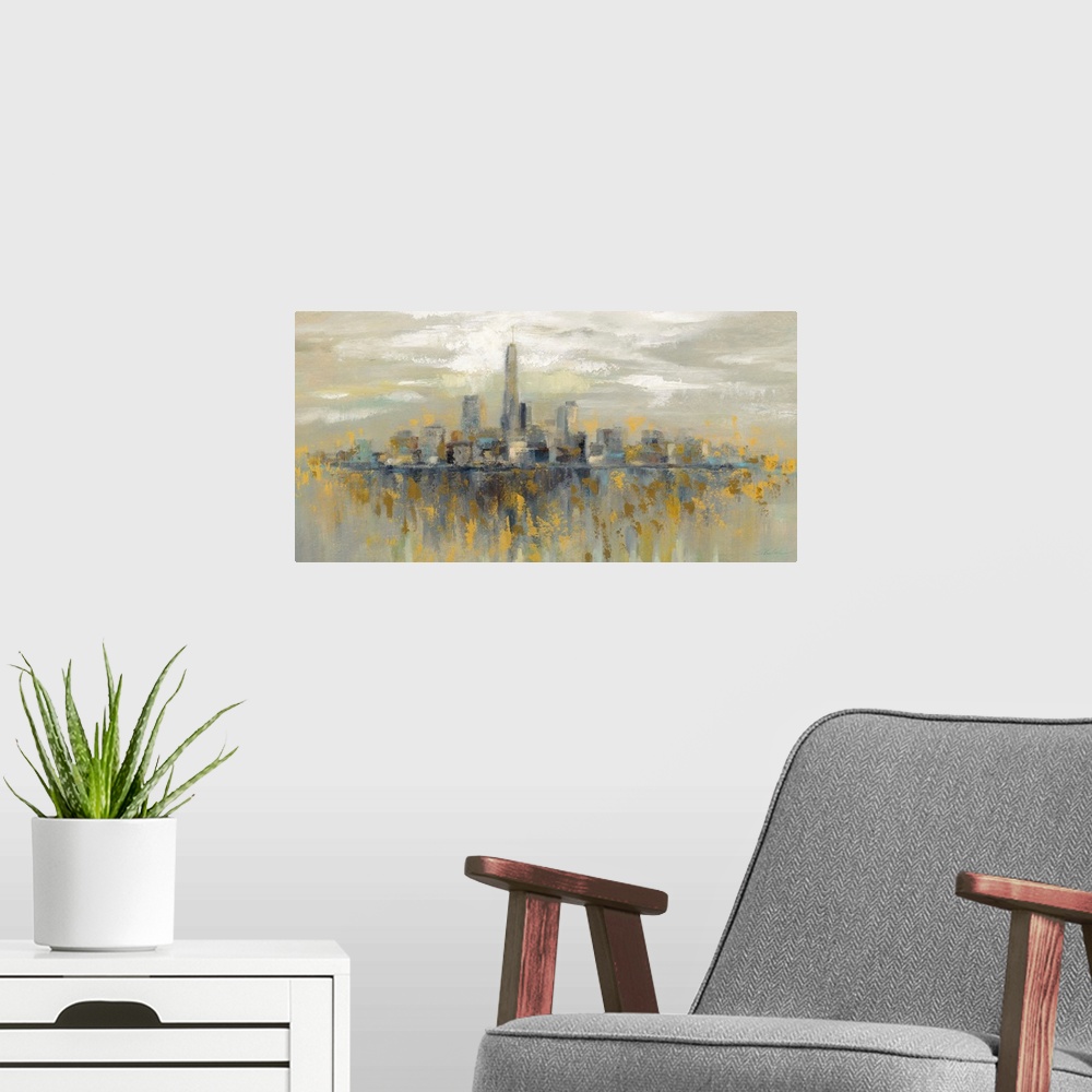 A modern room featuring Contemporary landscape painting of the skyline of New York City with yellow accents.