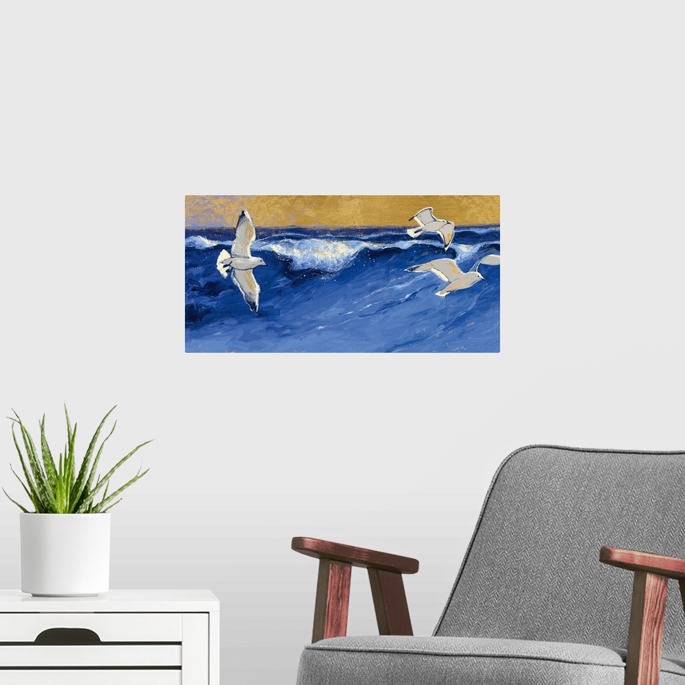 A modern room featuring A contemporary painting of seagulls in flight over a choppy blue sea.