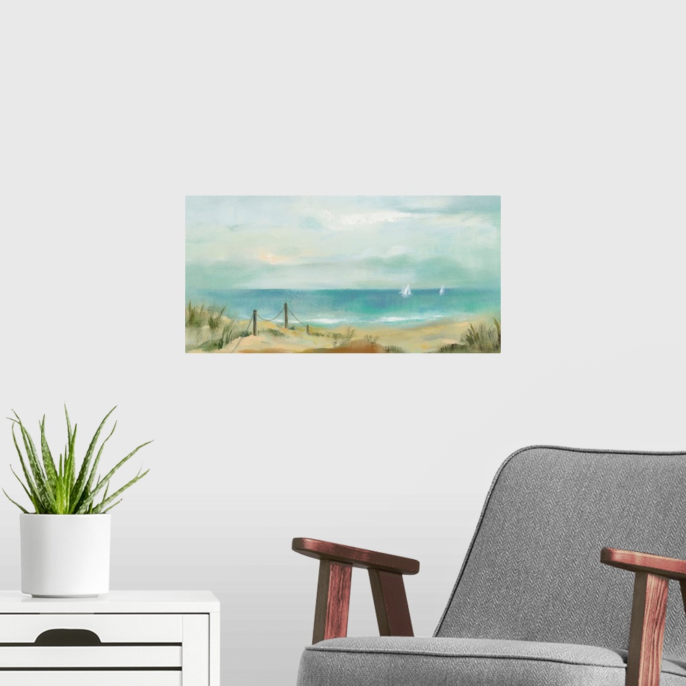 A modern room featuring A traditional contemporary painting of a seascape scene of dunes with white sailboat in the backg...