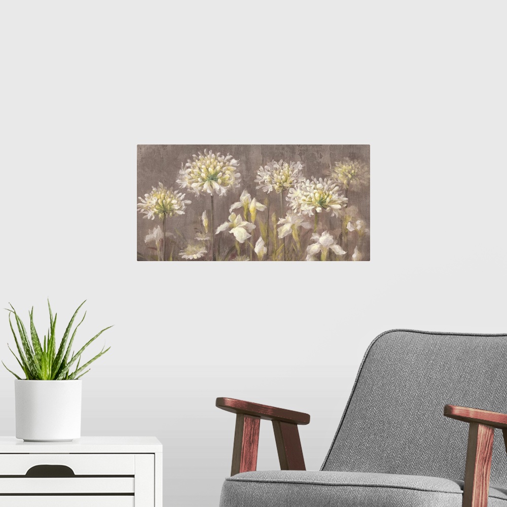 A modern room featuring Contemporary painting of blooming white flowers in a garden.