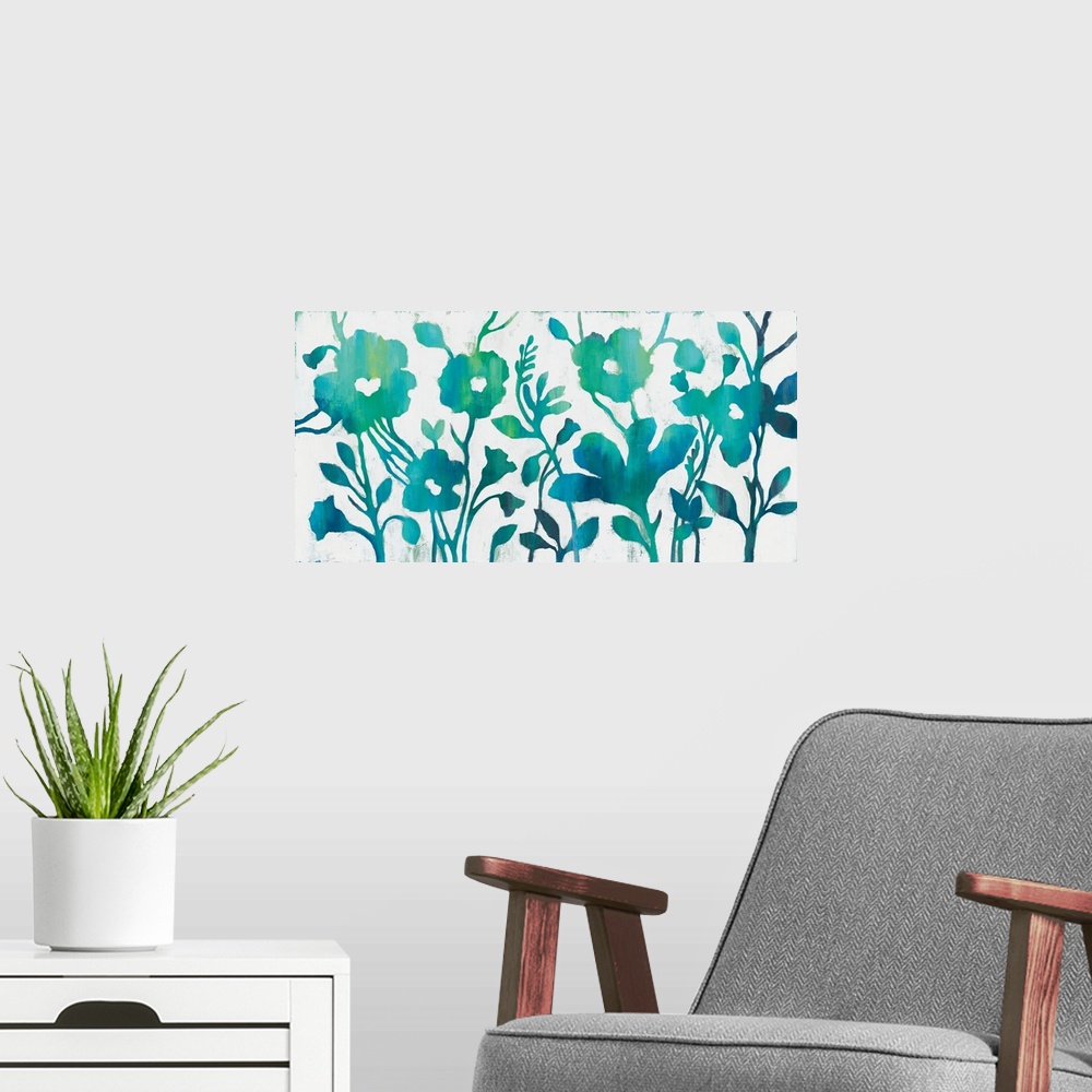 A modern room featuring Contemporary watercolor silhouetted garden flowers.