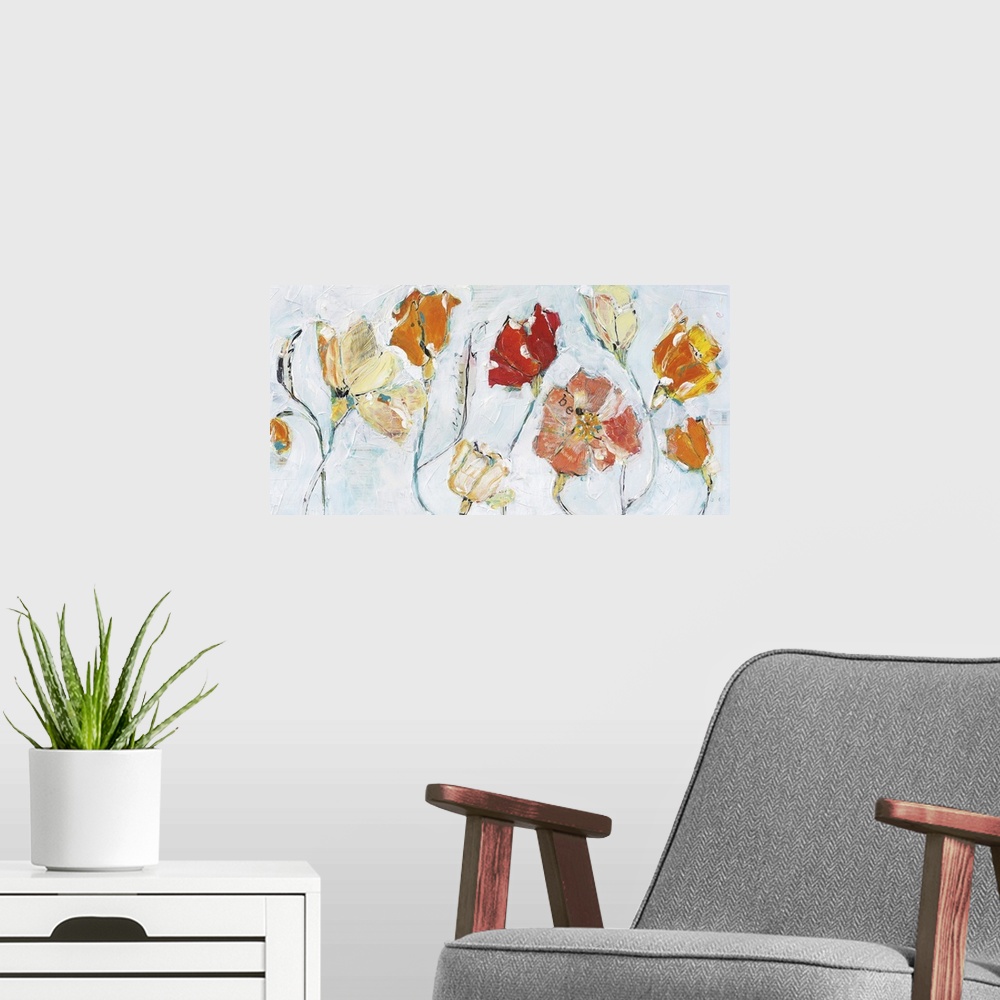 A modern room featuring Contemporary painting of muted red an orange flowers against a pale blue background.