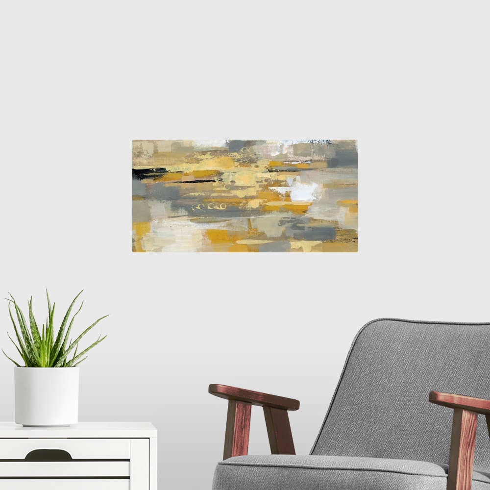 A modern room featuring Contemporary abstract painting using gray white yellow and earth tones.