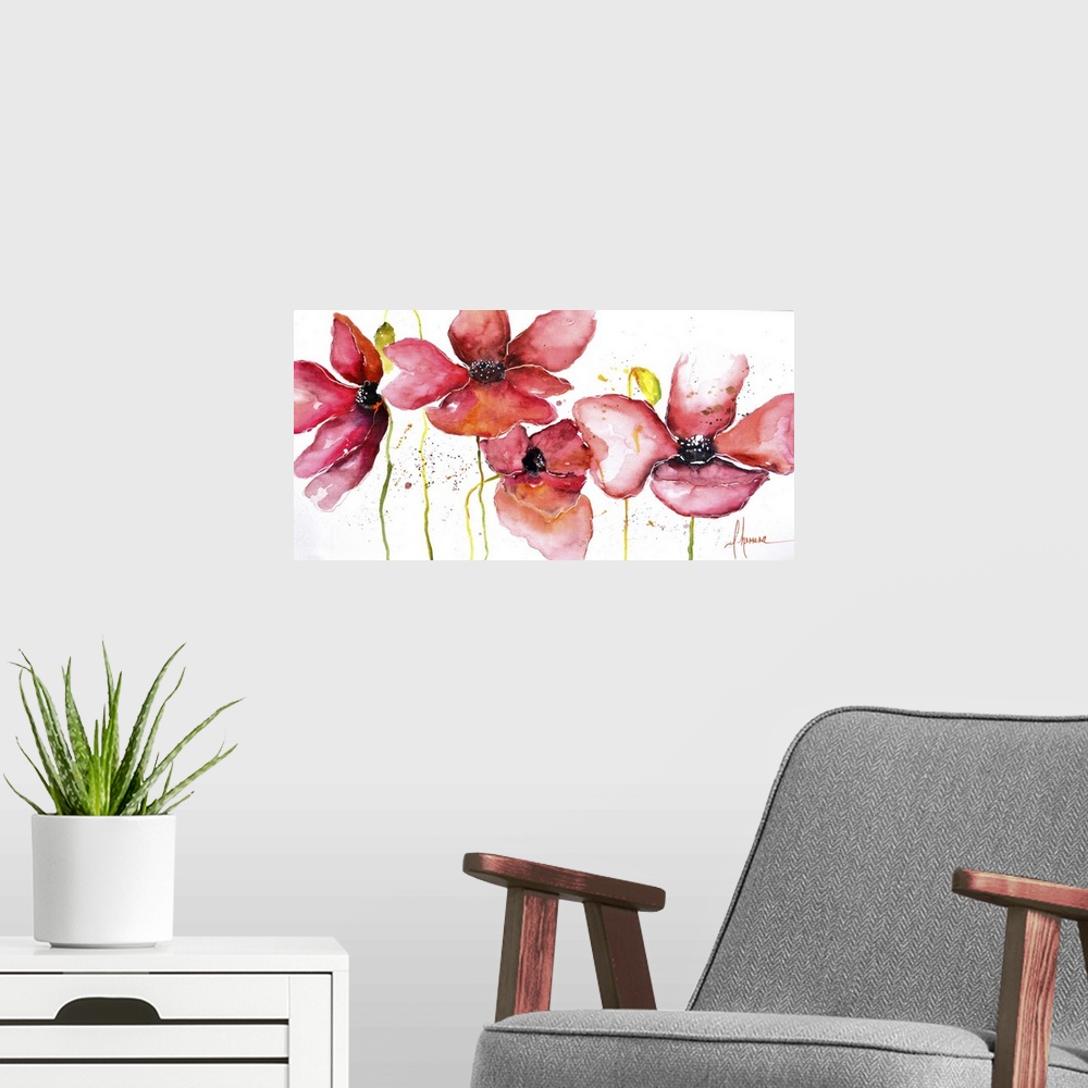 A modern room featuring Horizontal image of red watercolor poppy flowers on white.
