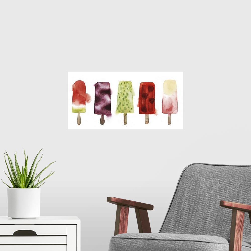 A modern room featuring Contemporary watercolor painting of a row of colorful frozen treats.
