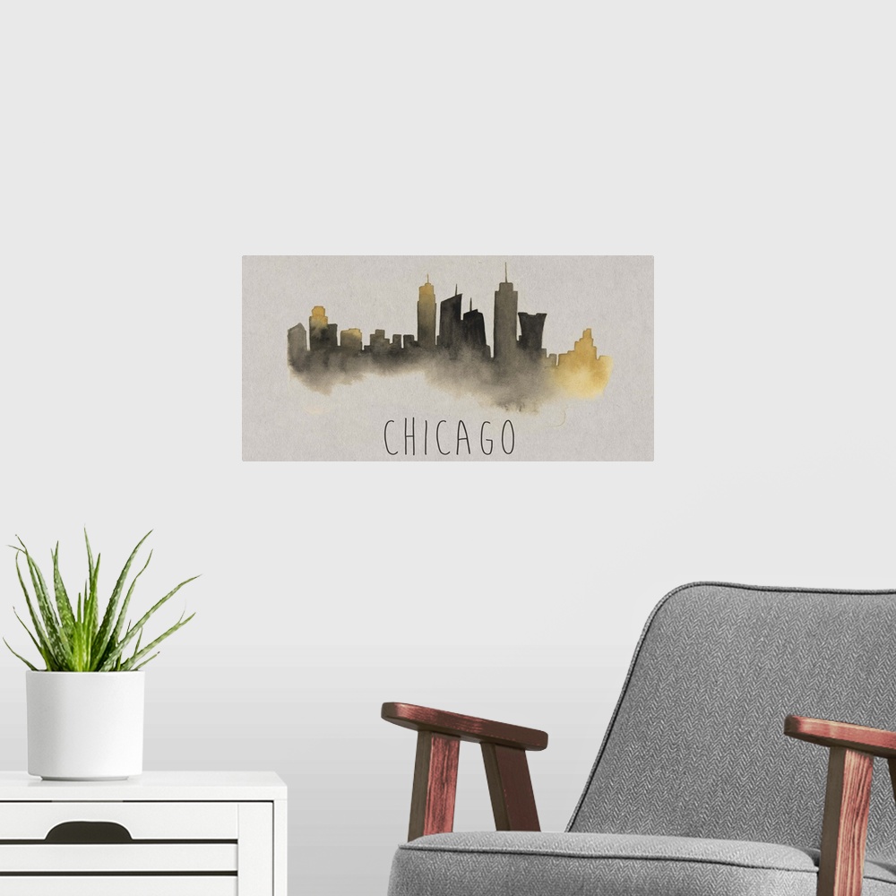 A modern room featuring Chicago city skyline watercolor artwork.