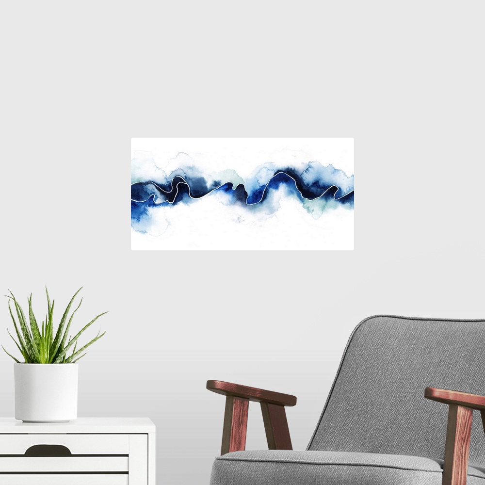 A modern room featuring This contemporary artwork uses shades of blue and an irregular line to illustrate the tension and...