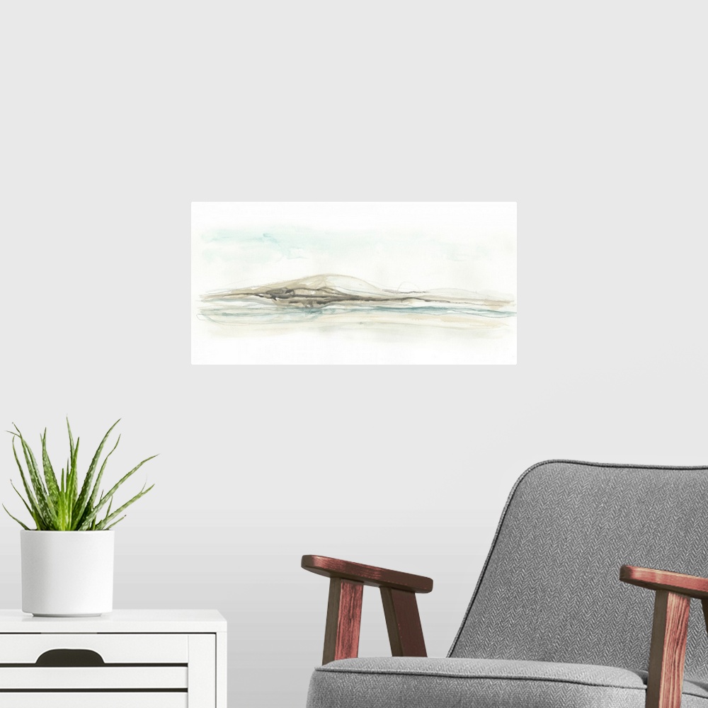 A modern room featuring This minimal landscape features a small hill constructed by simple shapes and lines.