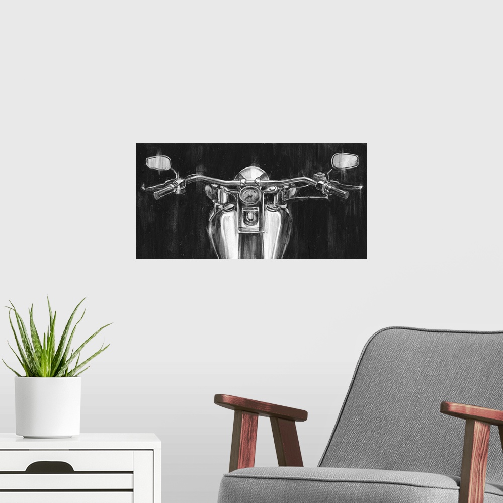 A modern room featuring Contemporary painting of a motorcycle's handlebars.