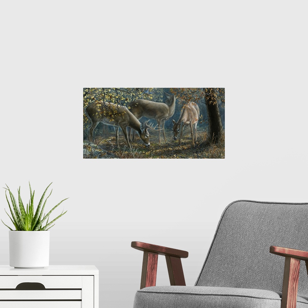 A modern room featuring Contemporary painting of deer grazing in a forest.