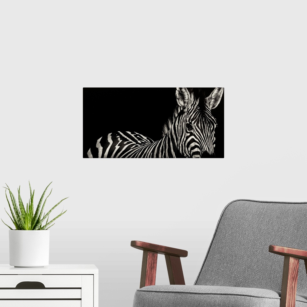 A modern room featuring Contemporary scratchboard artwork of a zebra, emphasizing its stripes.