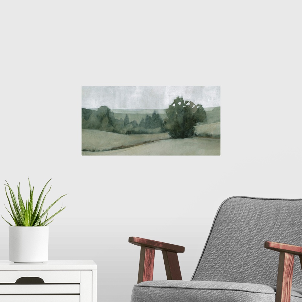 A modern room featuring Soft Green Landscape II