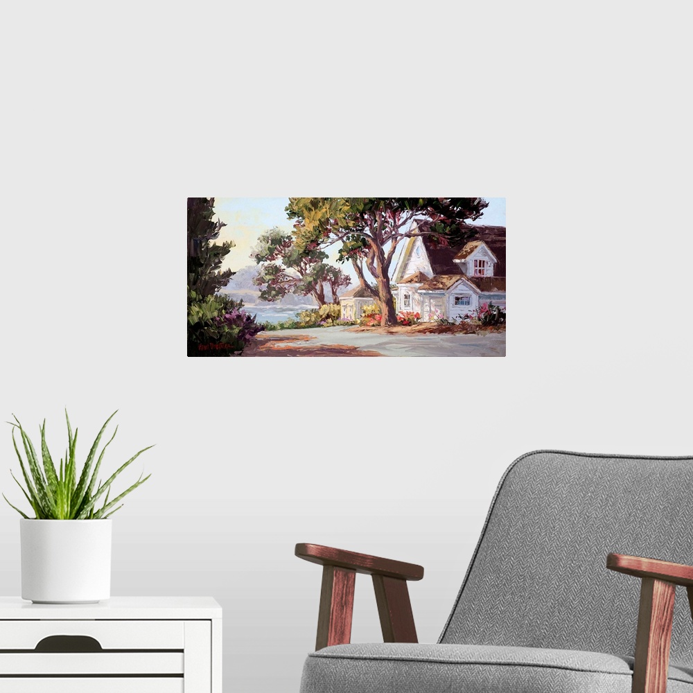 A modern room featuring Contemporary artwork of a quaint country village.