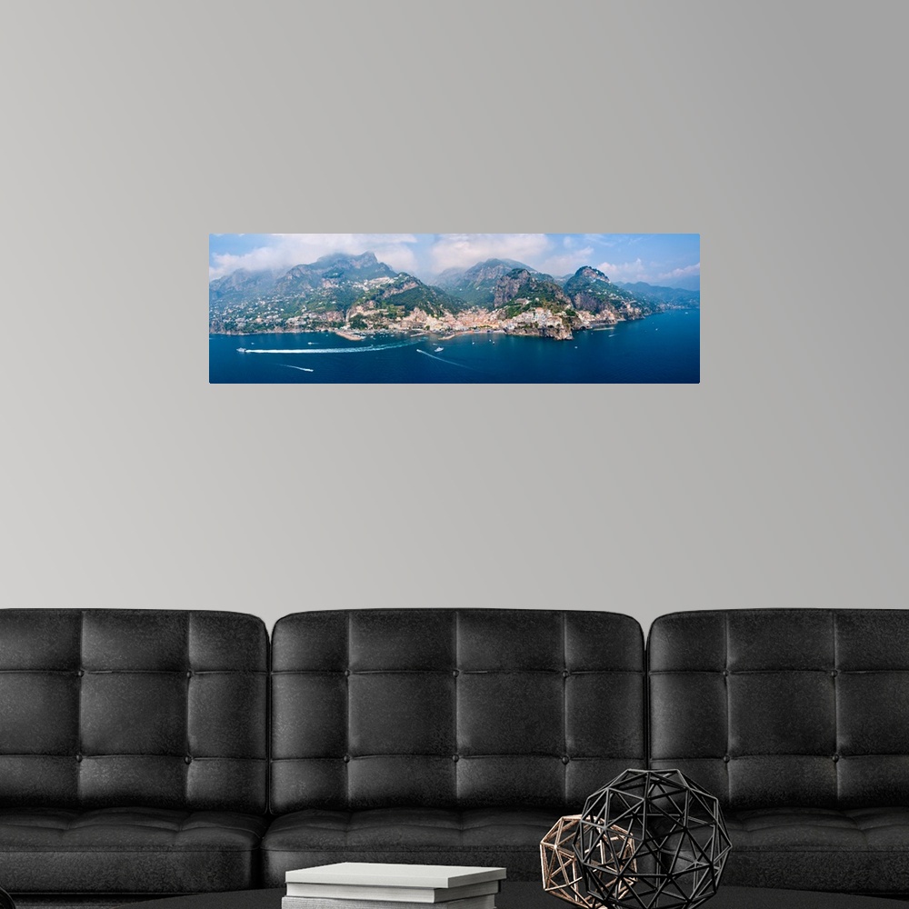 A modern room featuring Aerial view of towns Amalfi Atrani Amalfi Coast Salerno Campania Italy