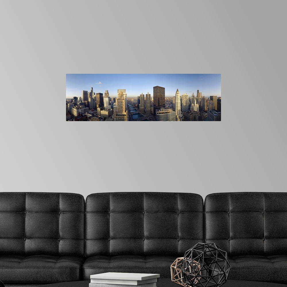A modern room featuring Panoramic photograph of skyline.
