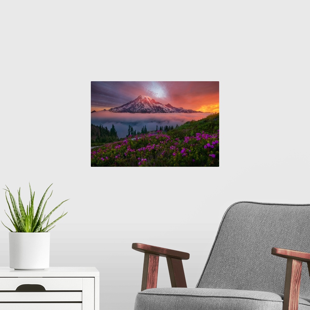 A modern room featuring Sunrise light illuminates Mt. Rainier, photographed from high in the Tatoosh Range wilderness. On...