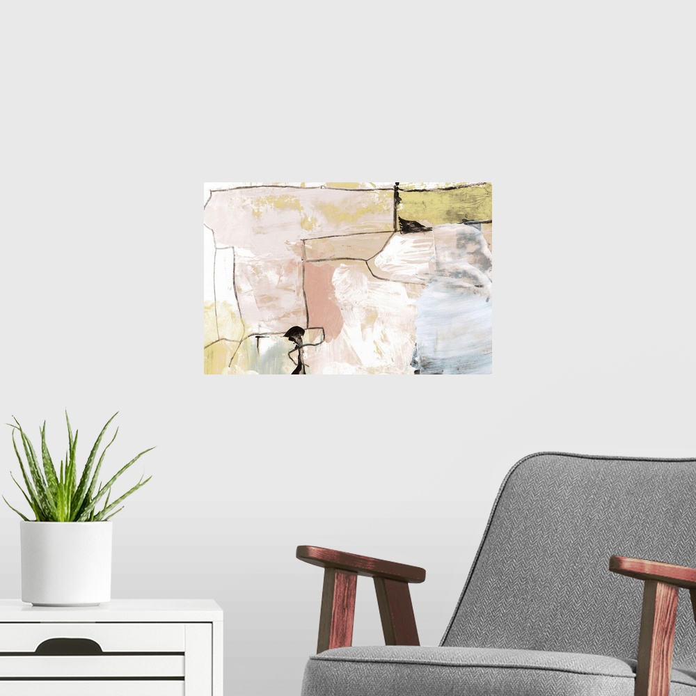 A modern room featuring A blocky contemporary abstract painting with rectangular shapes in pastel shades highlighted with...