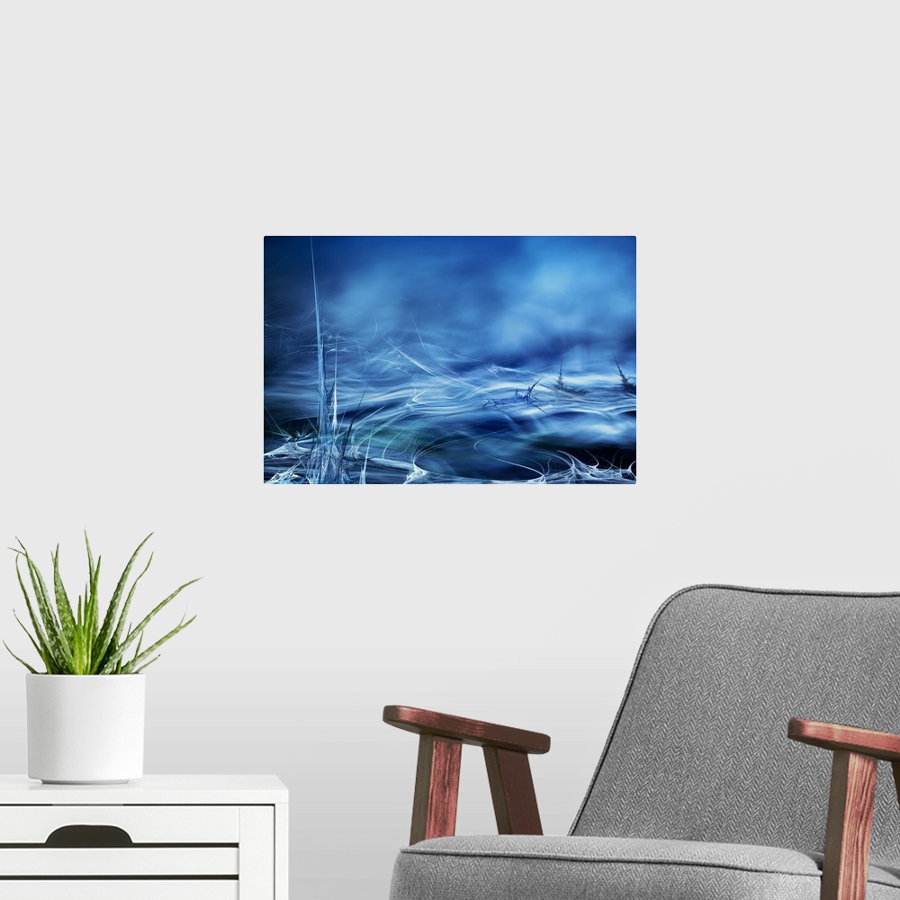 A modern room featuring Abstract digital art with blue, black, and white hues resembling moving water.