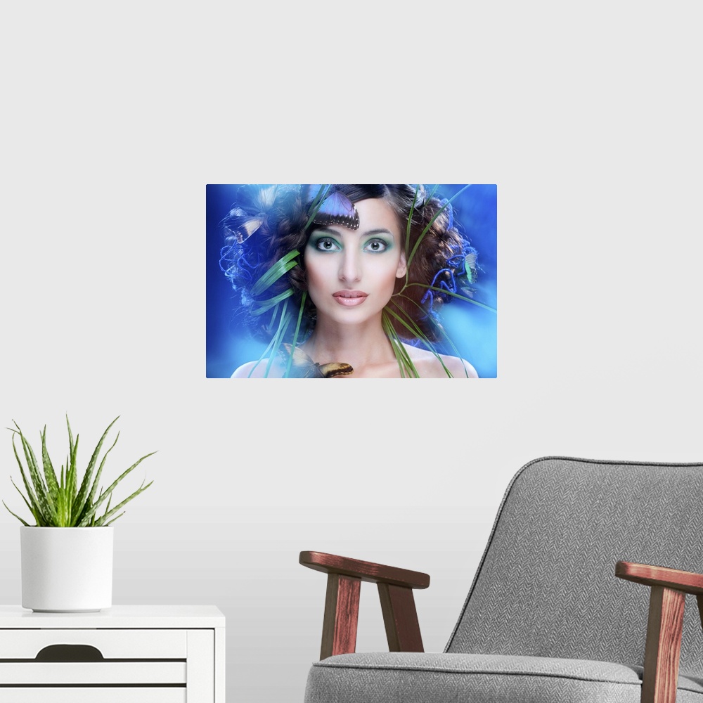 A modern room featuring Artistic portrait of a beautiful woman with green reeds and blue butterflies around her face.