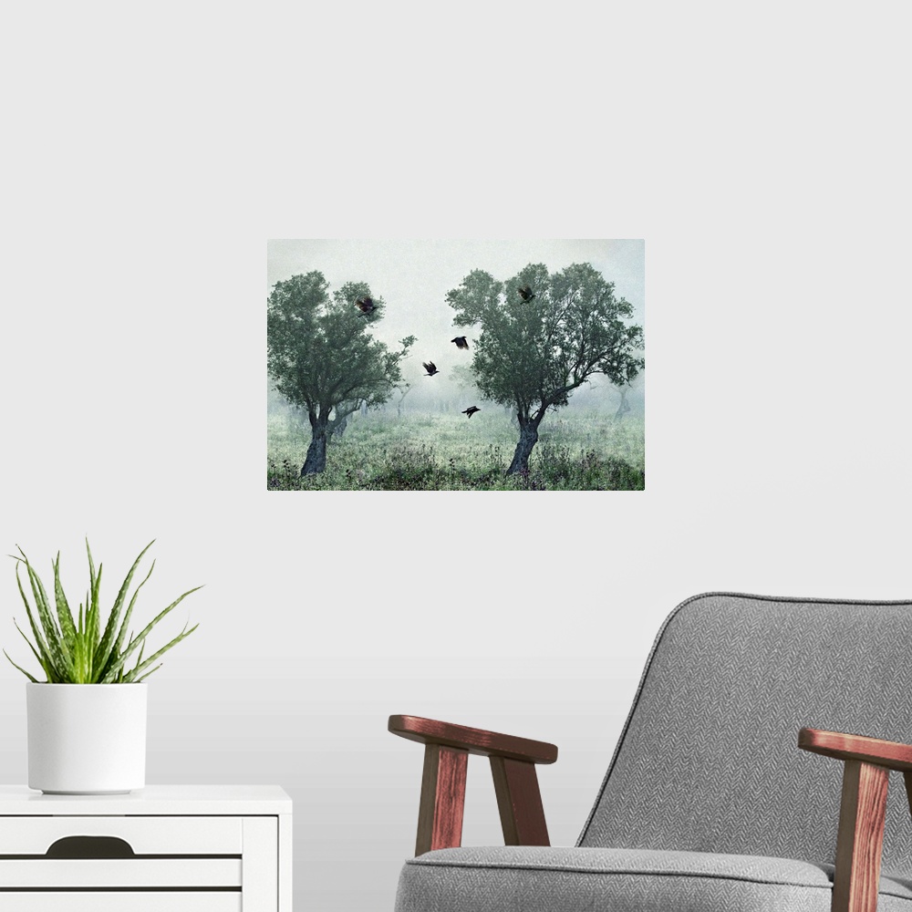A modern room featuring Crows flying between two trees in a foggy landscape.
