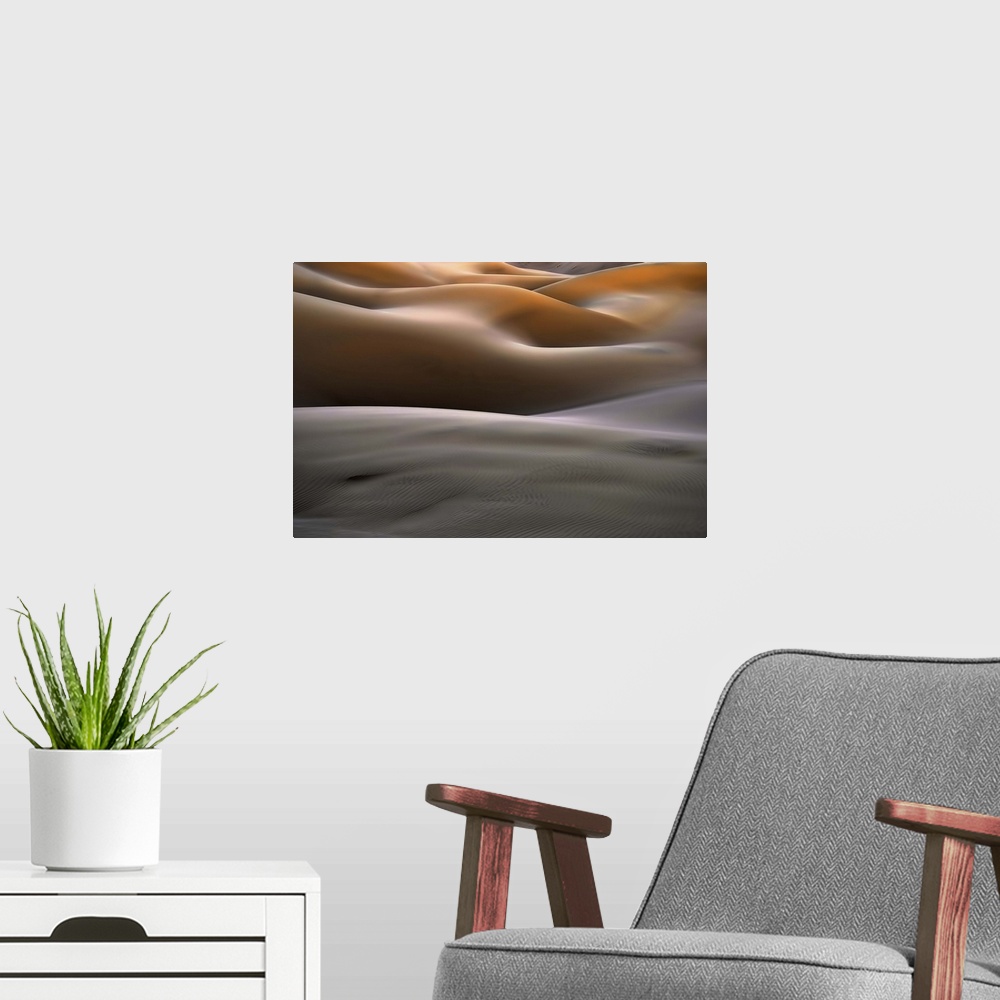 A modern room featuring Fine art photo of a desert landscape with large sand dunes.