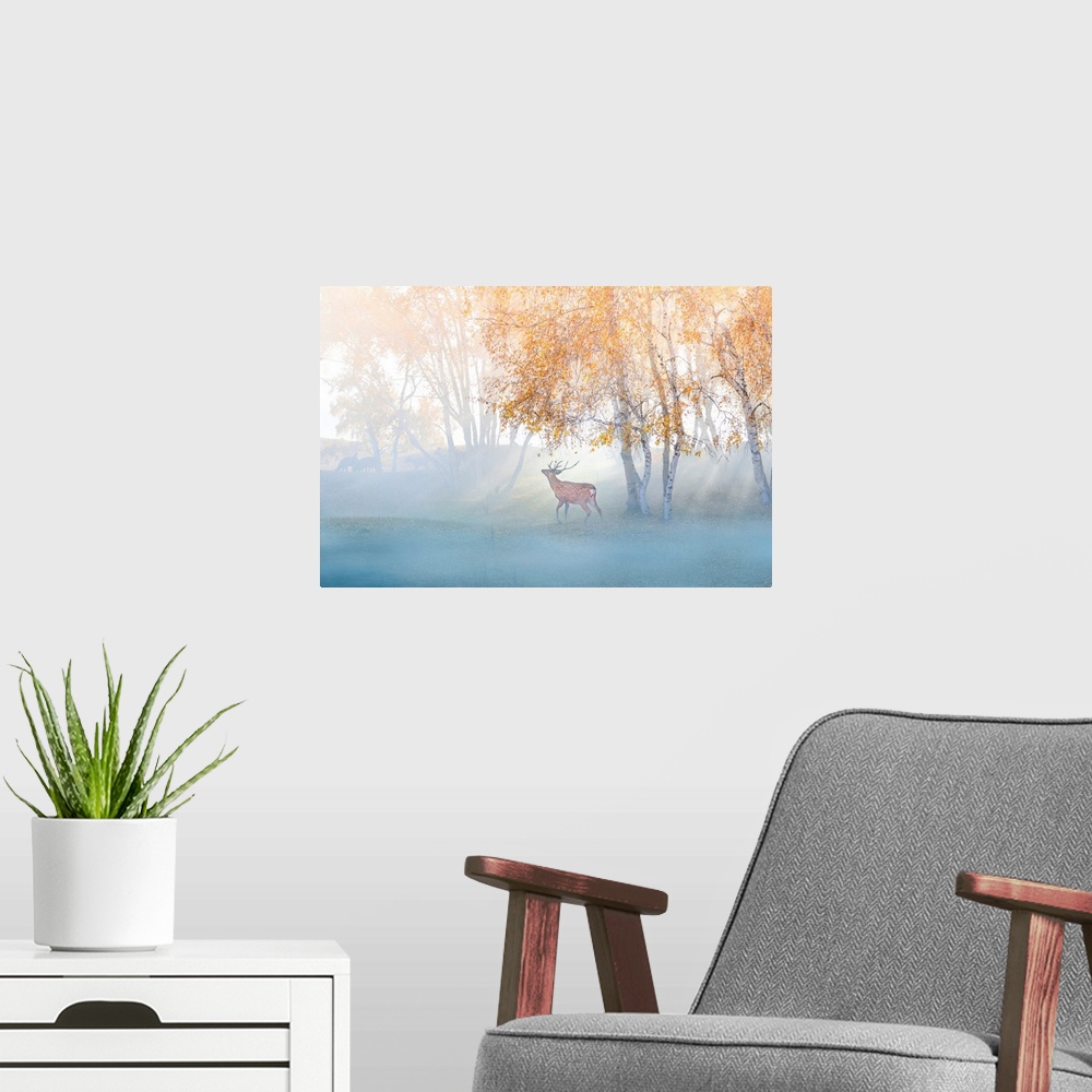 A modern room featuring Elk Lost In Mist