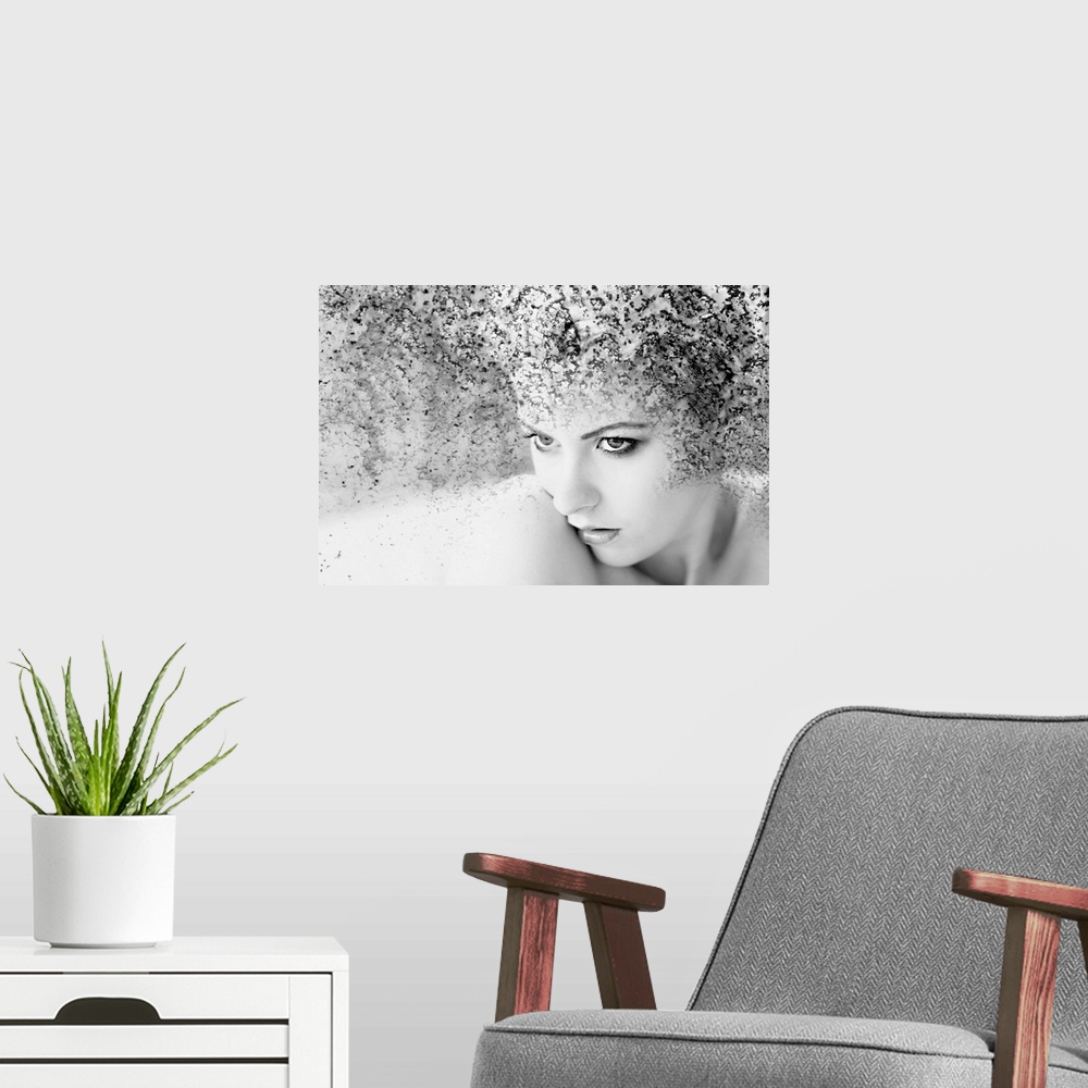 A modern room featuring Black and white portrait of a woman with a rusted texture.