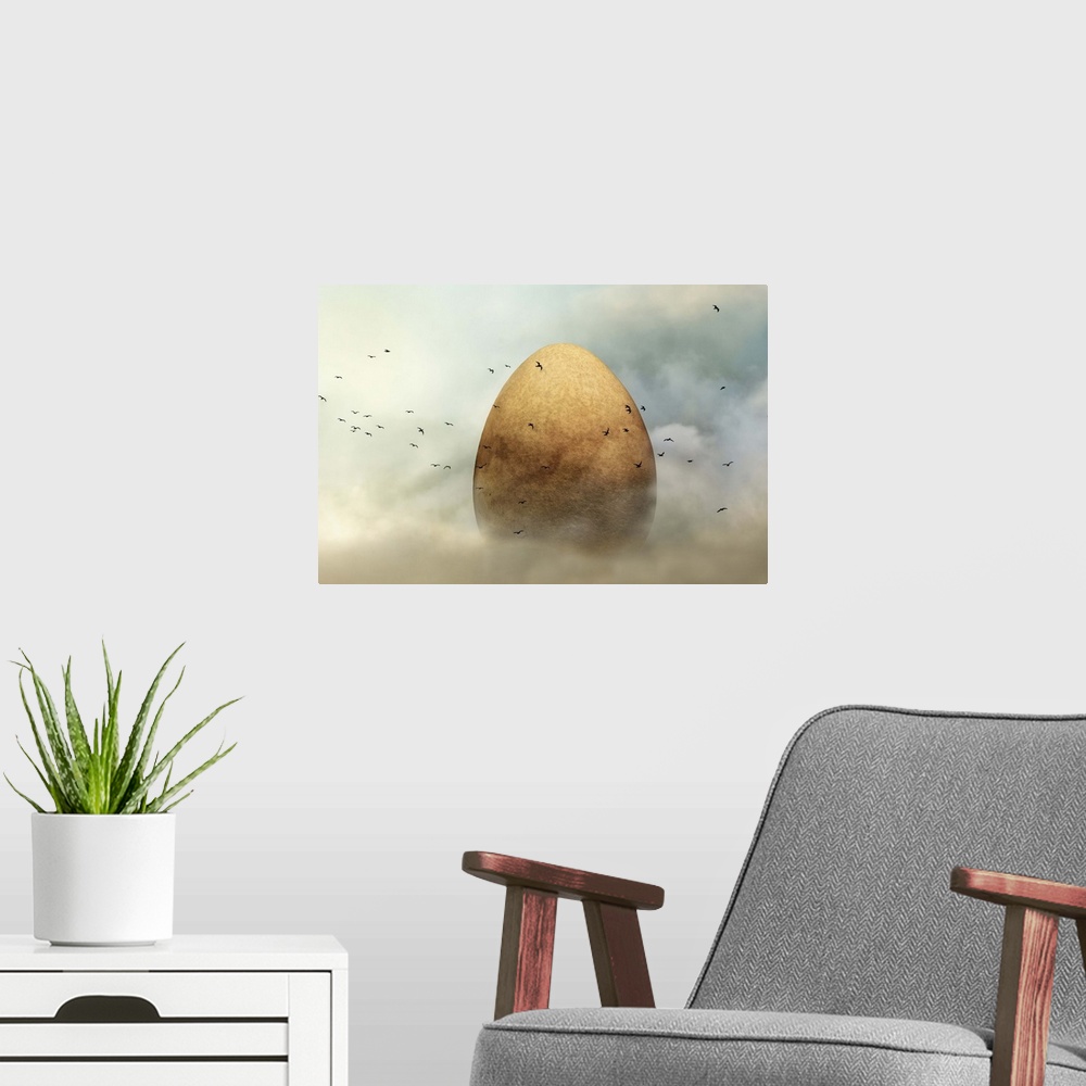 A modern room featuring A conceptual photograph of a golden egg being surrounded by flying birds.