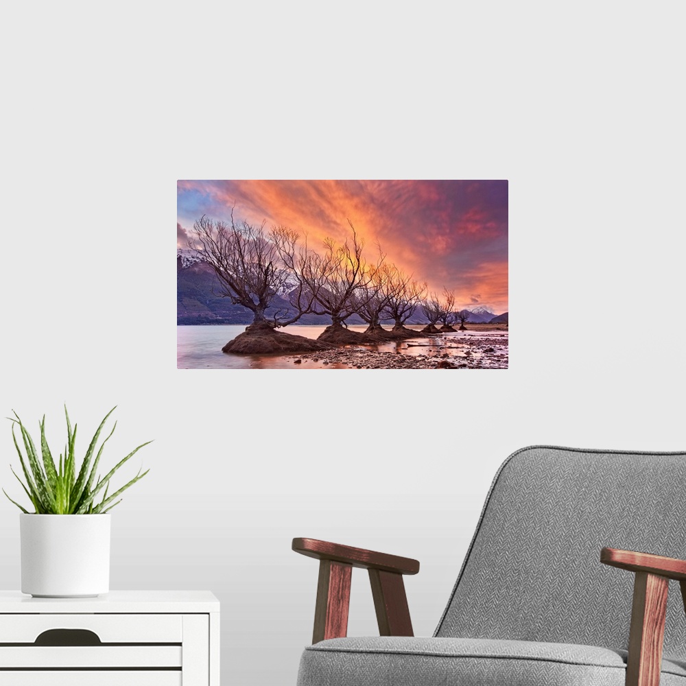 A modern room featuring A photograph of a row of bare branched trees in mud patches under an orange sky with mountains in...