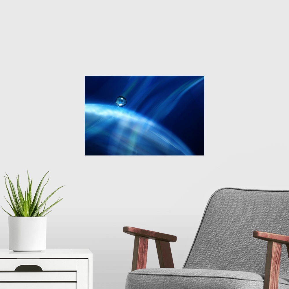 A modern room featuring Blue abstract digital art waterscape with a rain droplet.