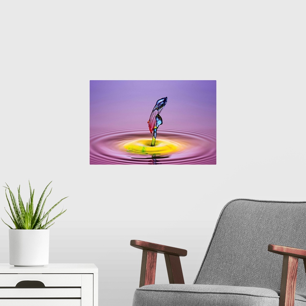 A modern room featuring A macro photograph of a drop of water caught suspended in mid-air against a vibrant colorful back...