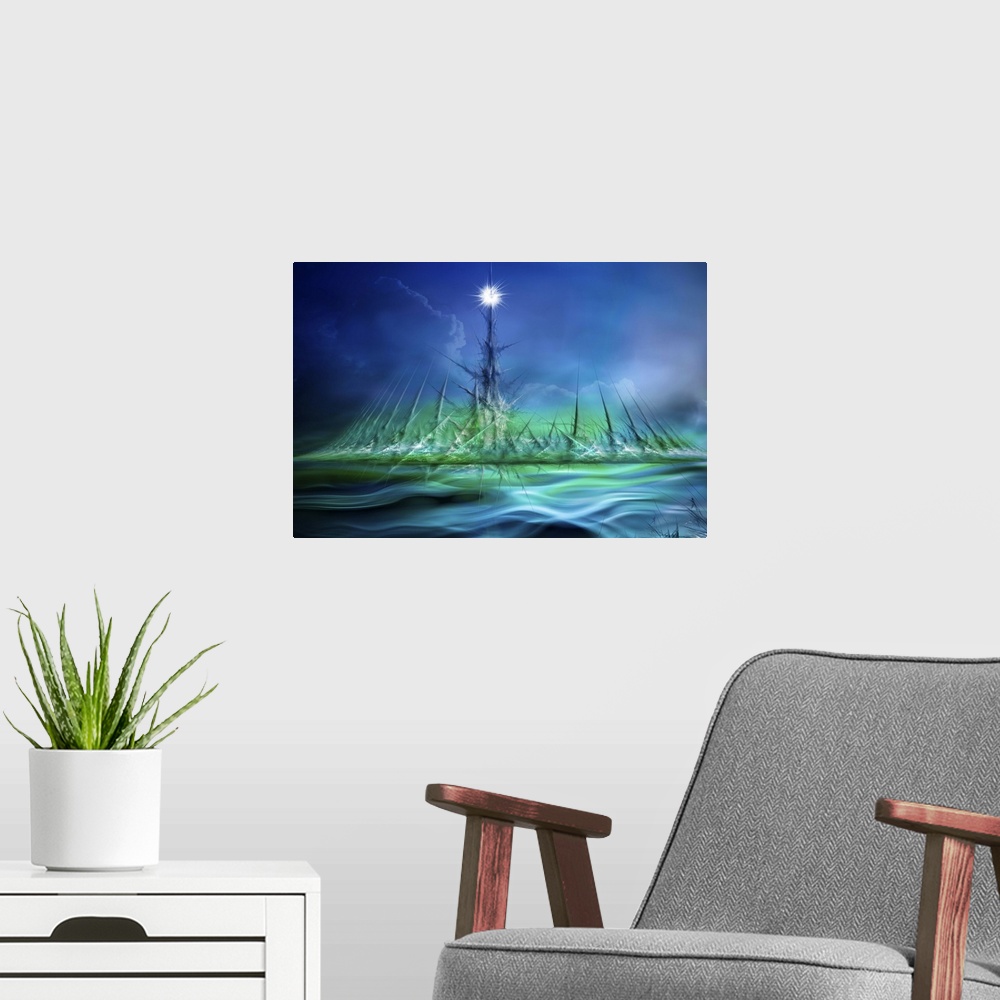 A modern room featuring Abstract digital art with Northern Lights colors, long sharp lines, and clouds over water.