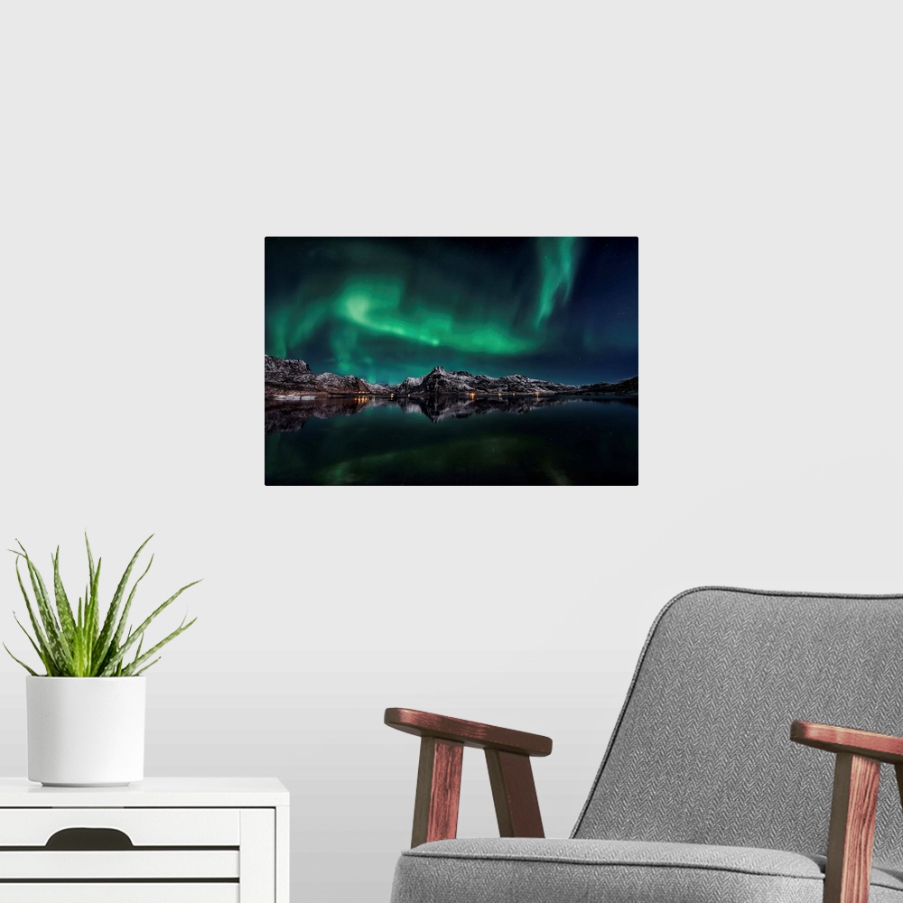 A modern room featuring Lofoten Aurora Reflection
