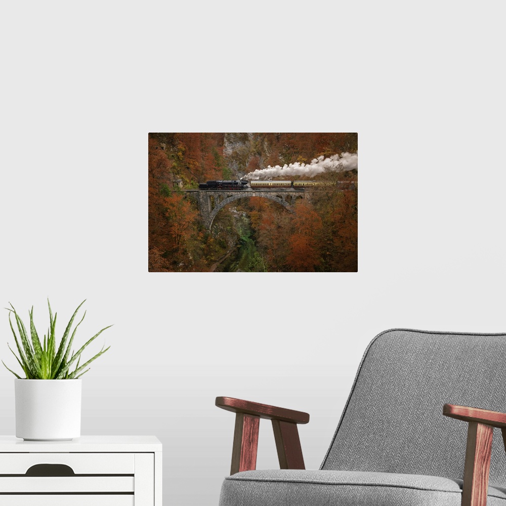 A modern room featuring Old museum train is passing a bridge in Vintgar Gorge in autumn season