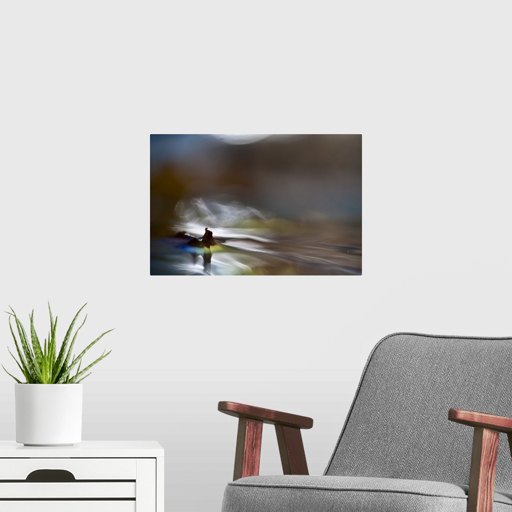 A modern room featuring Abstract digital art resembling a waterscape.