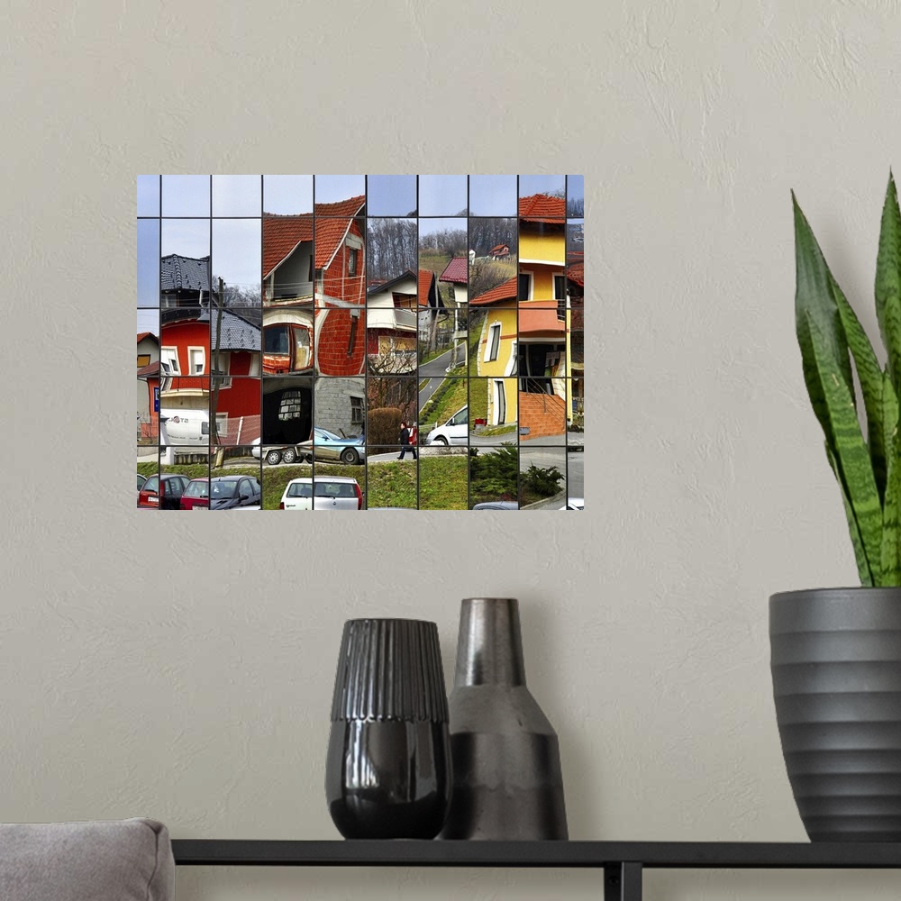 A modern room featuring Images of colorful buildings reflected in a window grid, creating a patchwork pattern.