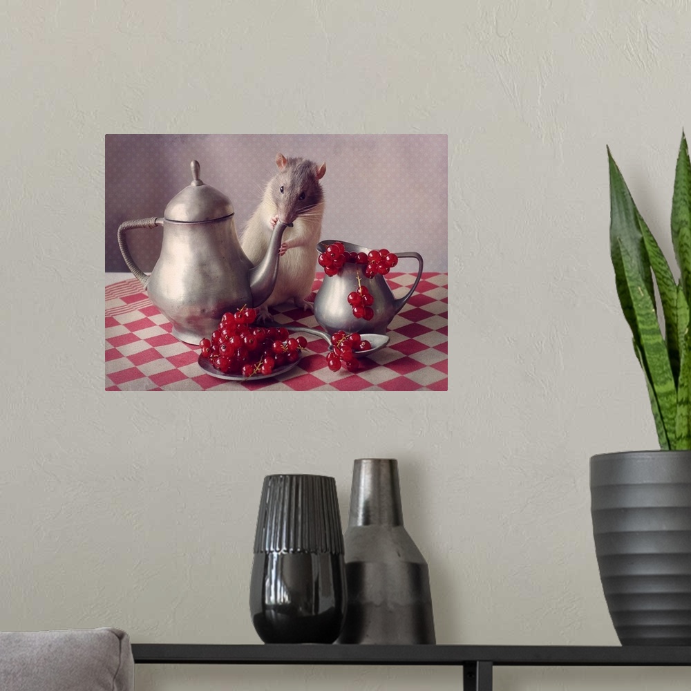 A modern room featuring A conceptual still-life photograph of a rat with a teapot and fruit.