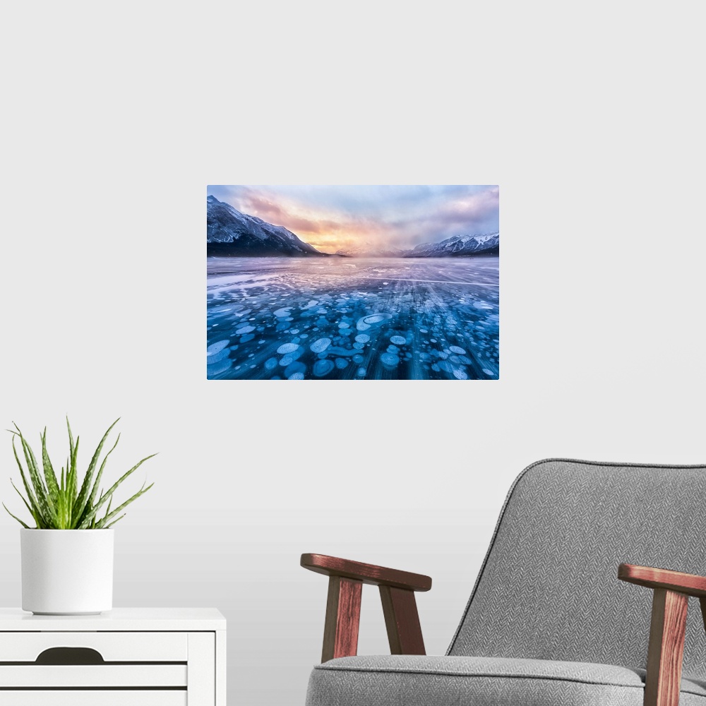 A modern room featuring Snow Stream Over Abraham Lake