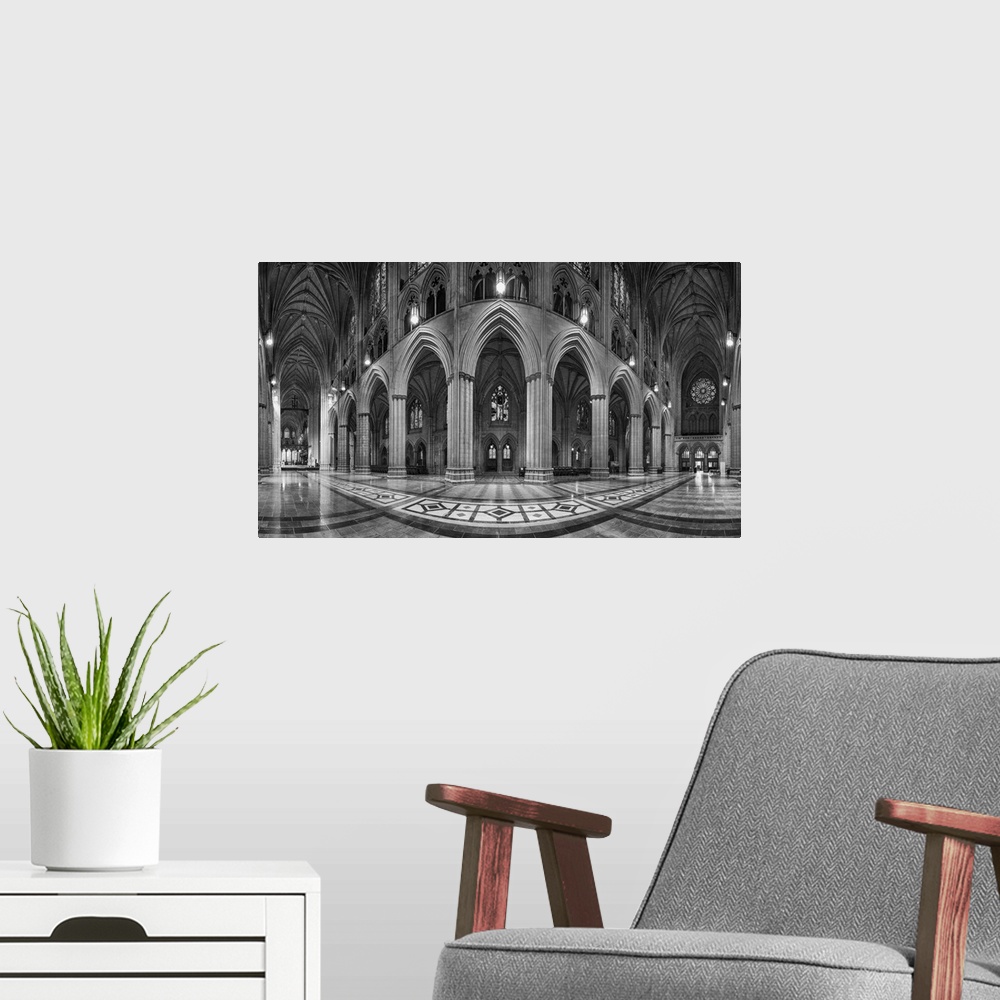 A modern room featuring 6-frame panoramic of cathedral nave.