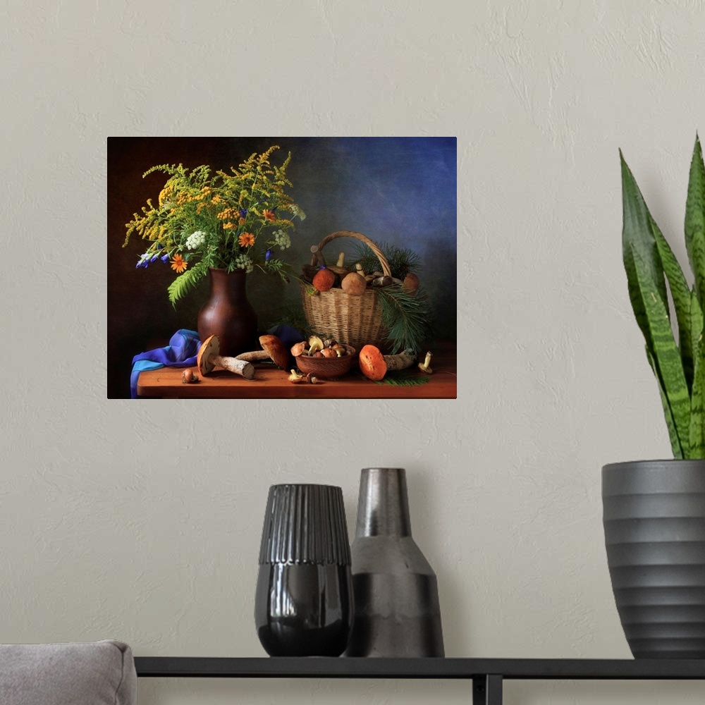 A modern room featuring Still Life With Mushrooms And Bouquet