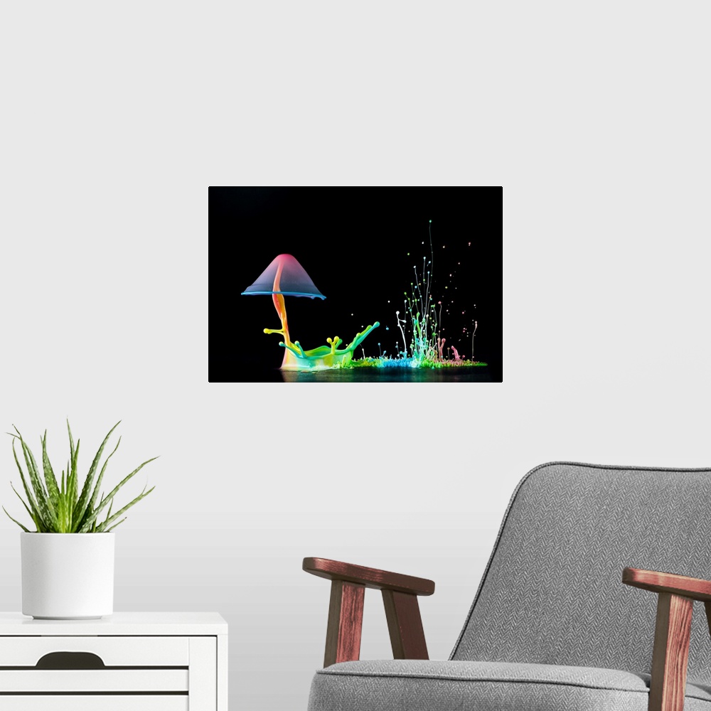 A modern room featuring A macro photograph of a colorful tiny splash of water resembling a mushroom.